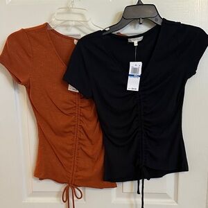 Women's Ruched V-Neck Tops - Black and Rusty Orange